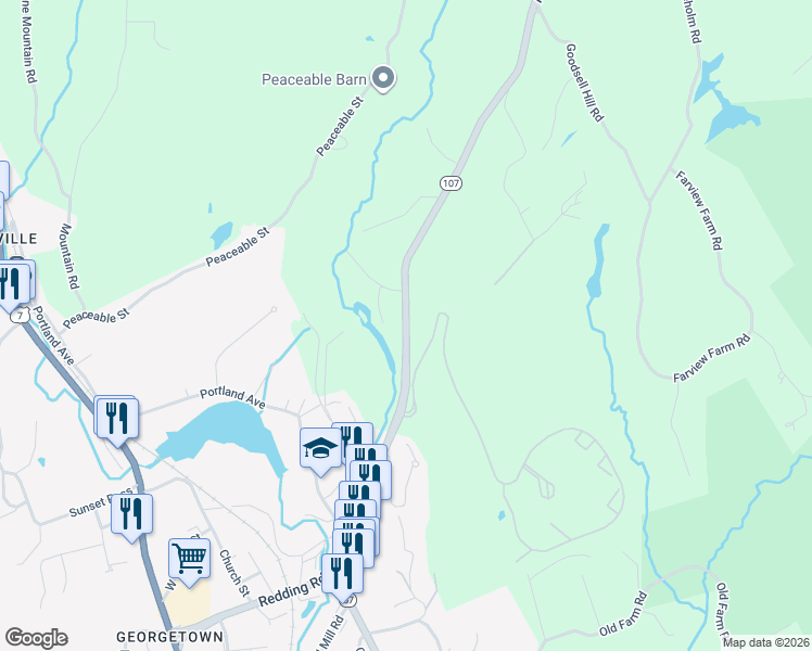 map of restaurants, bars, coffee shops, grocery stores, and more near 107 Redding Road in Redding