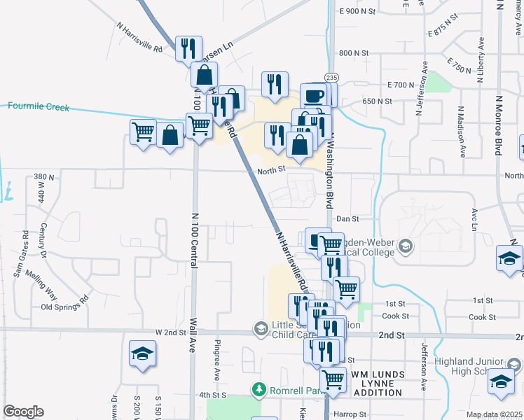 map of restaurants, bars, coffee shops, grocery stores, and more near 317 North 225 East Street in Ogden