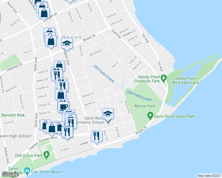 map of restaurants, bars, coffee shops, grocery stores, and more near 2 William Street in New Haven