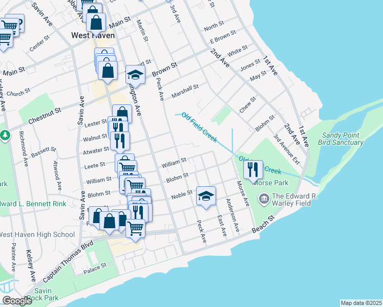 map of restaurants, bars, coffee shops, grocery stores, and more near 55 William Street in West Haven