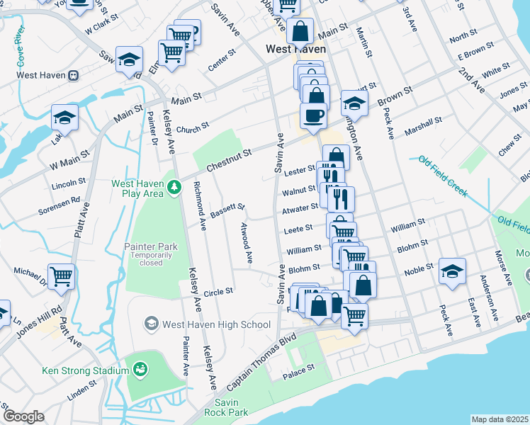map of restaurants, bars, coffee shops, grocery stores, and more near 469 Savin Avenue in West Haven