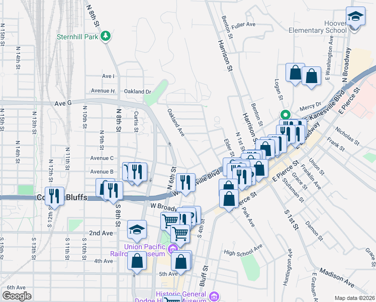 map of restaurants, bars, coffee shops, grocery stores, and more near 400 Oakland Avenue in Council Bluffs
