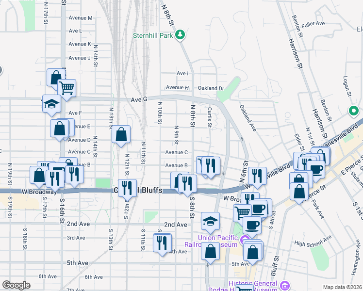 map of restaurants, bars, coffee shops, grocery stores, and more near 322 North 9th Street in Council Bluffs