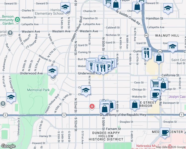 map of restaurants, bars, coffee shops, grocery stores, and more near 623 North 51st Street in Omaha