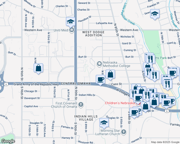 map of restaurants, bars, coffee shops, grocery stores, and more near 567 North 88th Plaza in Omaha