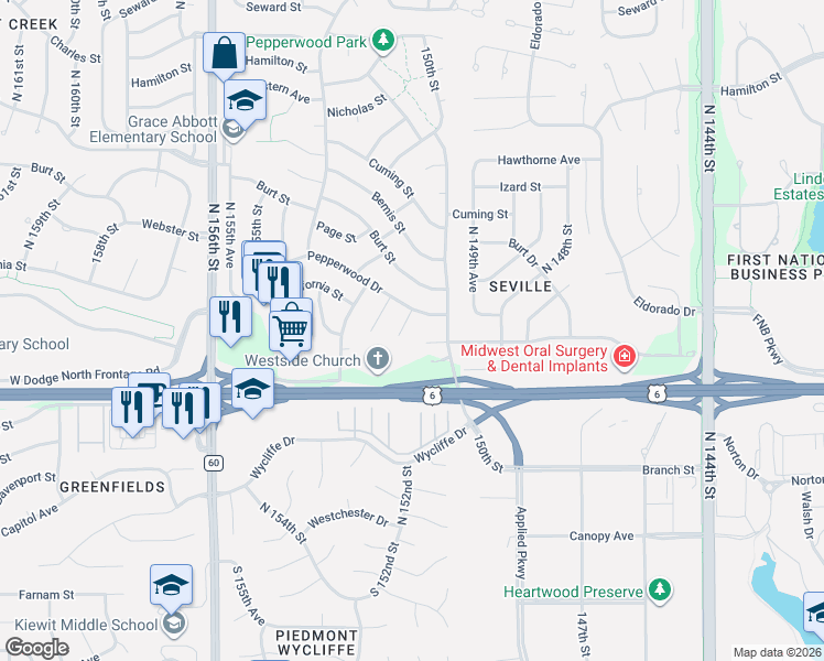 map of restaurants, bars, coffee shops, grocery stores, and more near 15022 California Circle in Omaha