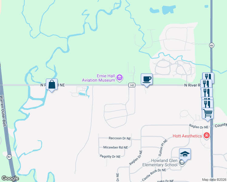 map of restaurants, bars, coffee shops, grocery stores, and more near 3990 North River Road Northeast in Warren