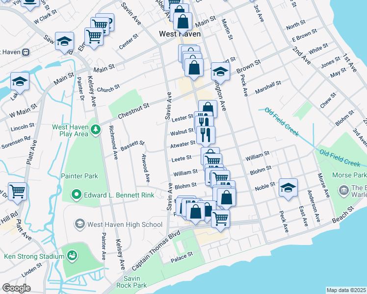map of restaurants, bars, coffee shops, grocery stores, and more near 160 Atwater Street in West Haven