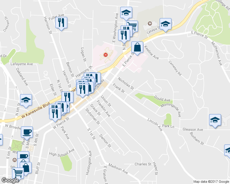 map of restaurants, bars, coffee shops, grocery stores, and more near 535 Voorhis Street in Council Bluffs