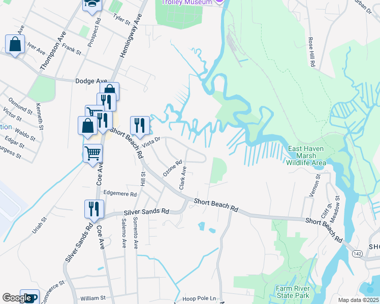map of restaurants, bars, coffee shops, grocery stores, and more near 79 Clark Avenue in East Haven