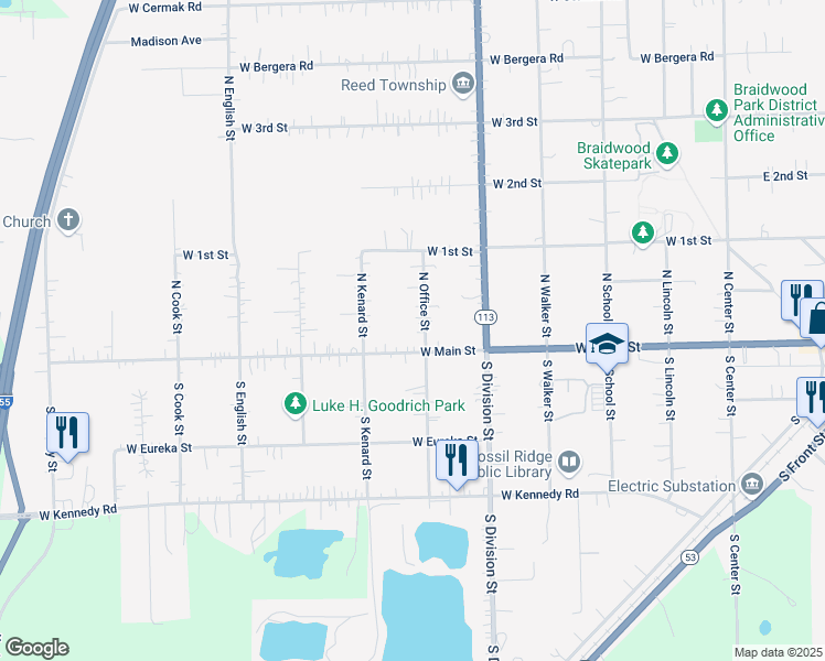 map of restaurants, bars, coffee shops, grocery stores, and more near 110 North Office Street in Braidwood