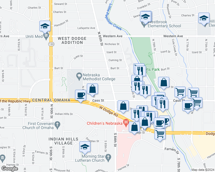 map of restaurants, bars, coffee shops, grocery stores, and more near 8513 Underwood Avenue in Omaha