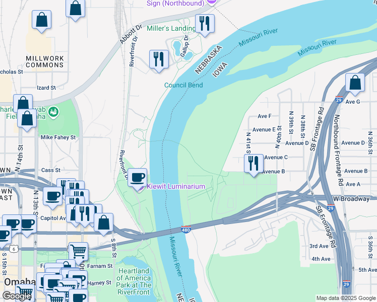 map of restaurants, bars, coffee shops, grocery stores, and more near Bob Kerrey Pedestrian Bridge in Council Bluffs