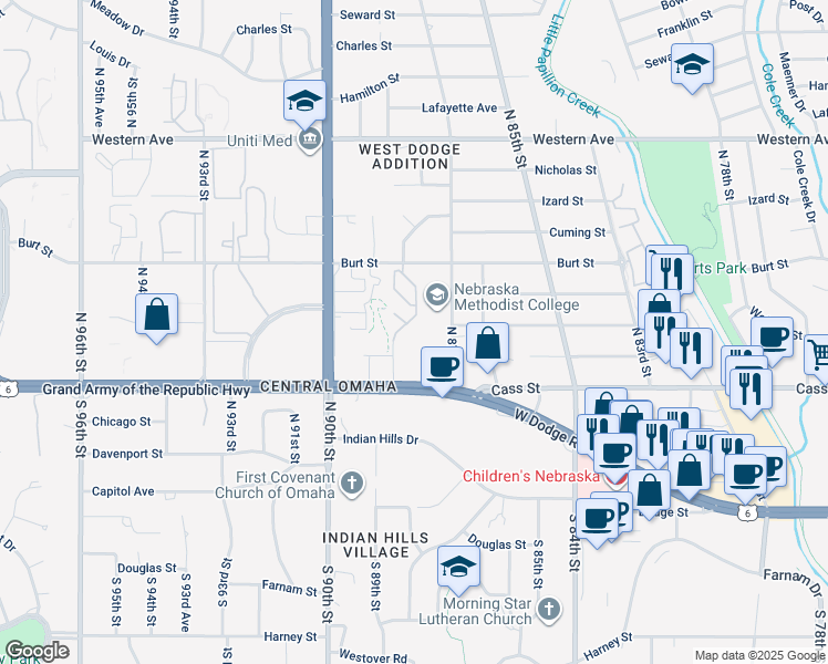 map of restaurants, bars, coffee shops, grocery stores, and more near 567 North 88th Plaza in Omaha