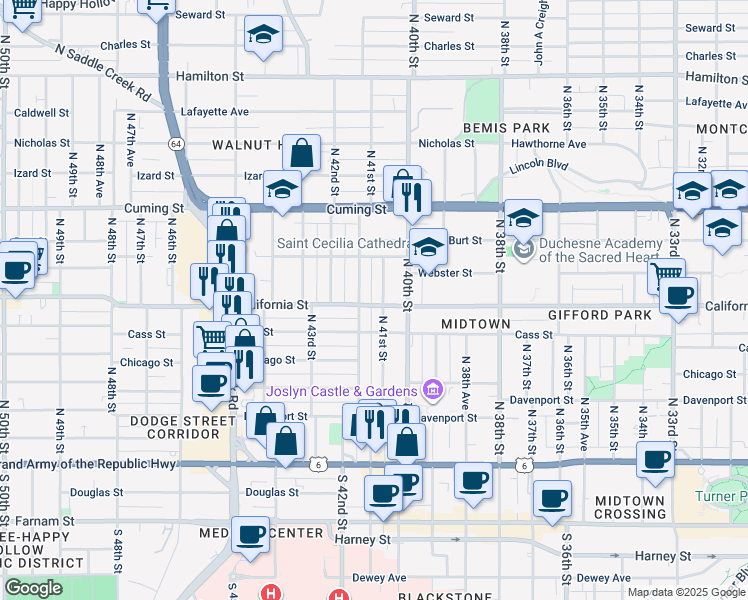 map of restaurants, bars, coffee shops, grocery stores, and more near 4112 California Street in Omaha