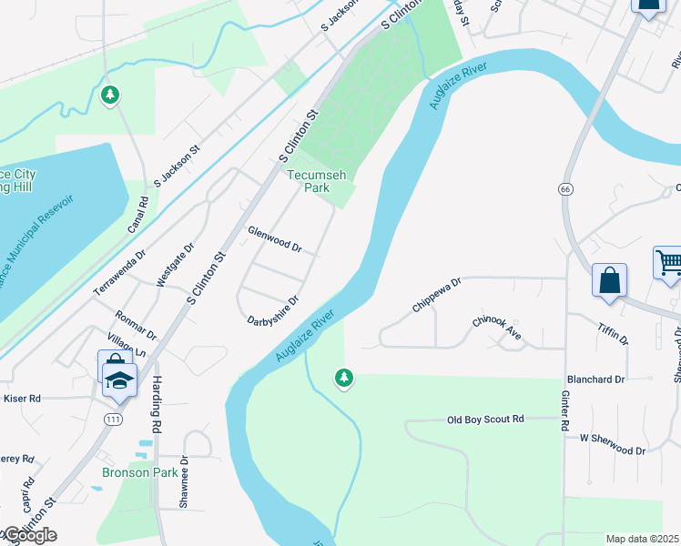 map of restaurants, bars, coffee shops, grocery stores, and more near 1607 Darbyshire Drive in Defiance