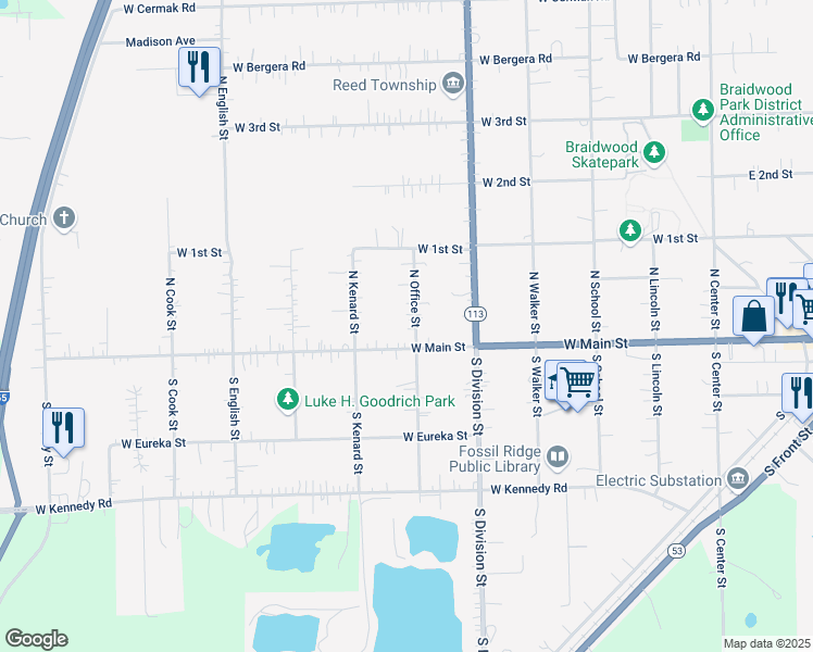map of restaurants, bars, coffee shops, grocery stores, and more near 110 North Office Street in Braidwood