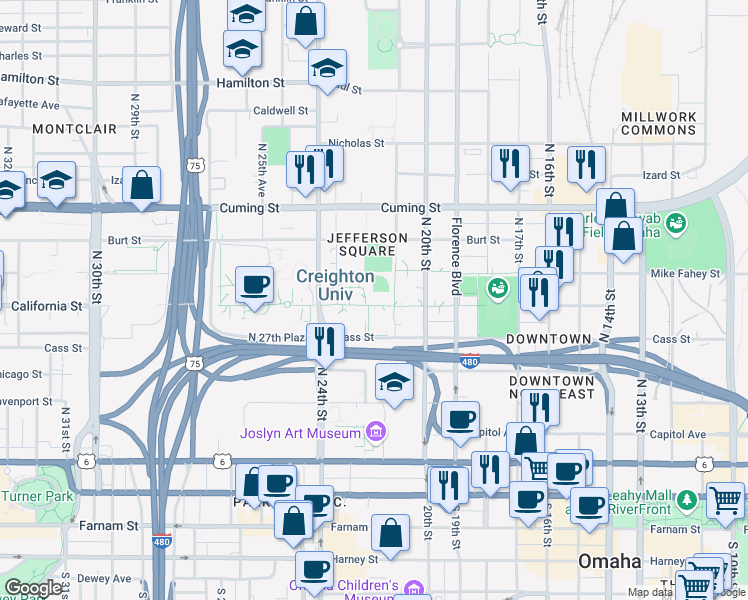 map of restaurants, bars, coffee shops, grocery stores, and more near 2500 California Plaza in Omaha