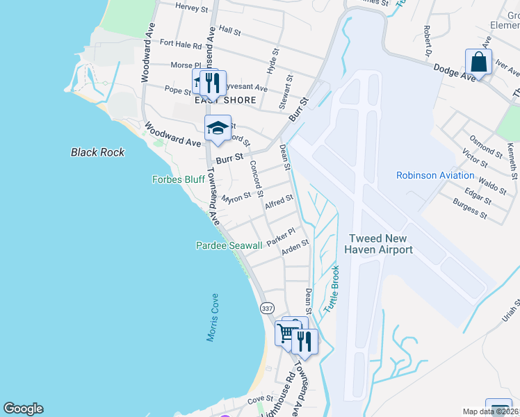 map of restaurants, bars, coffee shops, grocery stores, and more near 264 Concord Street in New Haven