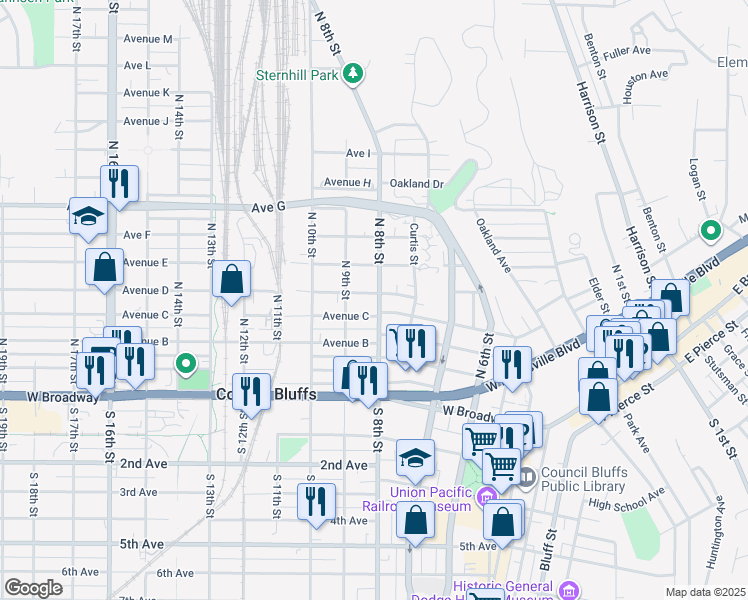 map of restaurants, bars, coffee shops, grocery stores, and more near 310 North 8th Street in Council Bluffs