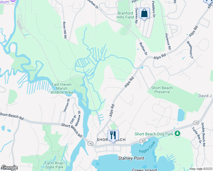 map of restaurants, bars, coffee shops, grocery stores, and more near 12 Spice Bush Lane in Branford
