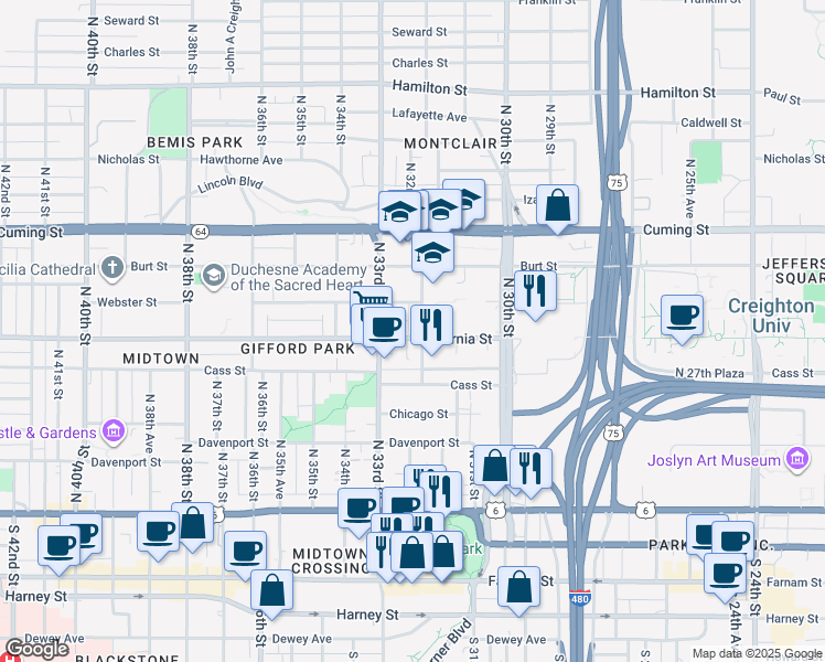 map of restaurants, bars, coffee shops, grocery stores, and more near 3208 California Street in Omaha