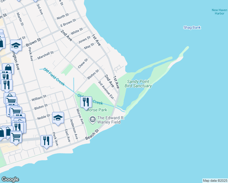 map of restaurants, bars, coffee shops, grocery stores, and more near 33 3rd Avenue Extension in West Haven