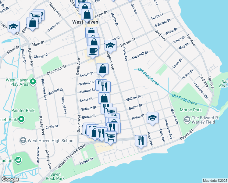 map of restaurants, bars, coffee shops, grocery stores, and more near 85 Leete Street in West Haven