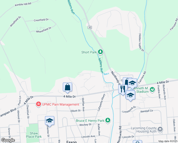 map of restaurants, bars, coffee shops, grocery stores, and more near 168 Valley Heights Drive in Williamsport