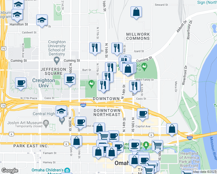 map of restaurants, bars, coffee shops, grocery stores, and more near 601 North 16th Street in Omaha
