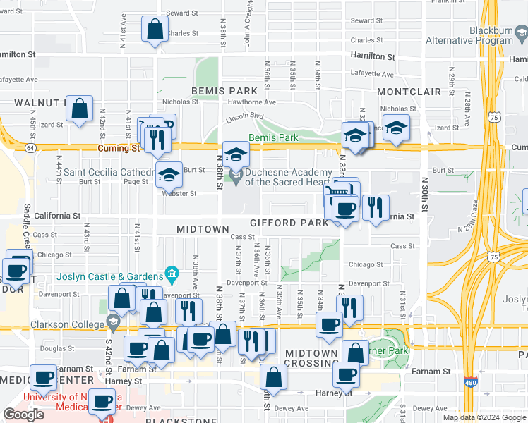 map of restaurants, bars, coffee shops, grocery stores, and more near 3611 California Street in Omaha