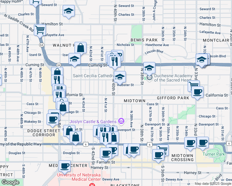 map of restaurants, bars, coffee shops, grocery stores, and more near 605 North 40th Street in Omaha