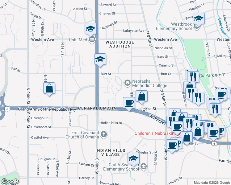 map of restaurants, bars, coffee shops, grocery stores, and more near 567 North 88th Plaza in Omaha