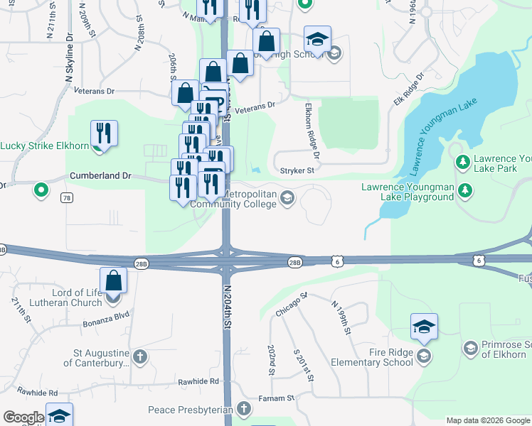 map of restaurants, bars, coffee shops, grocery stores, and more near Cumberland Road in Elkhorn
