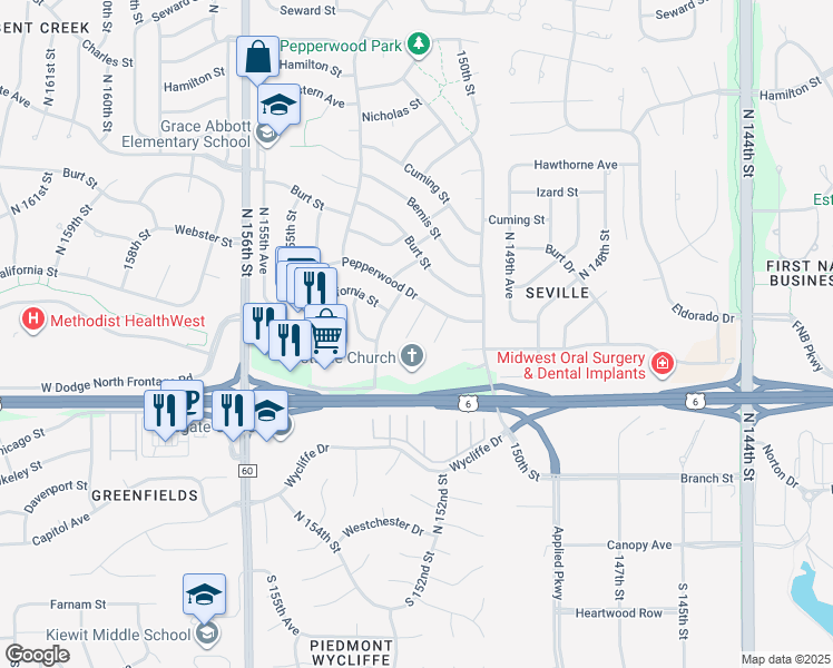 map of restaurants, bars, coffee shops, grocery stores, and more near 617 North 152nd Circle in Omaha