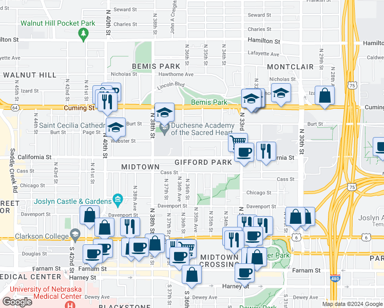 map of restaurants, bars, coffee shops, grocery stores, and more near 3518 California Street in Omaha