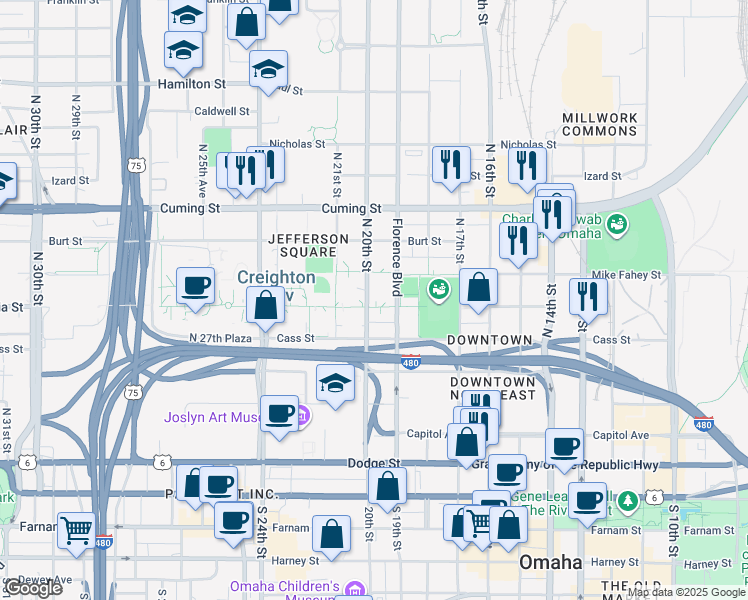 map of restaurants, bars, coffee shops, grocery stores, and more near 615 North 20th Street in Omaha