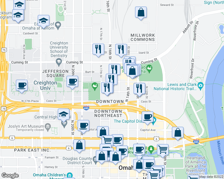 map of restaurants, bars, coffee shops, grocery stores, and more near 601 North 16th Street in Omaha