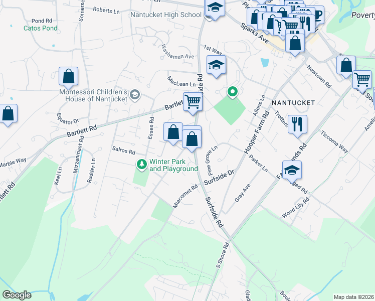 map of restaurants, bars, coffee shops, grocery stores, and more near 4 Miacomet Avenue in Nantucket