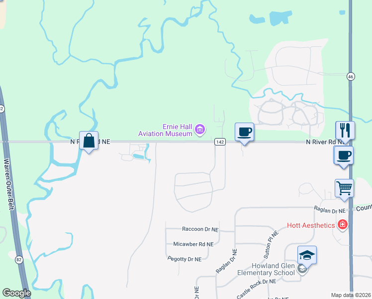 map of restaurants, bars, coffee shops, grocery stores, and more near 3880 County Highway 142 in Warren