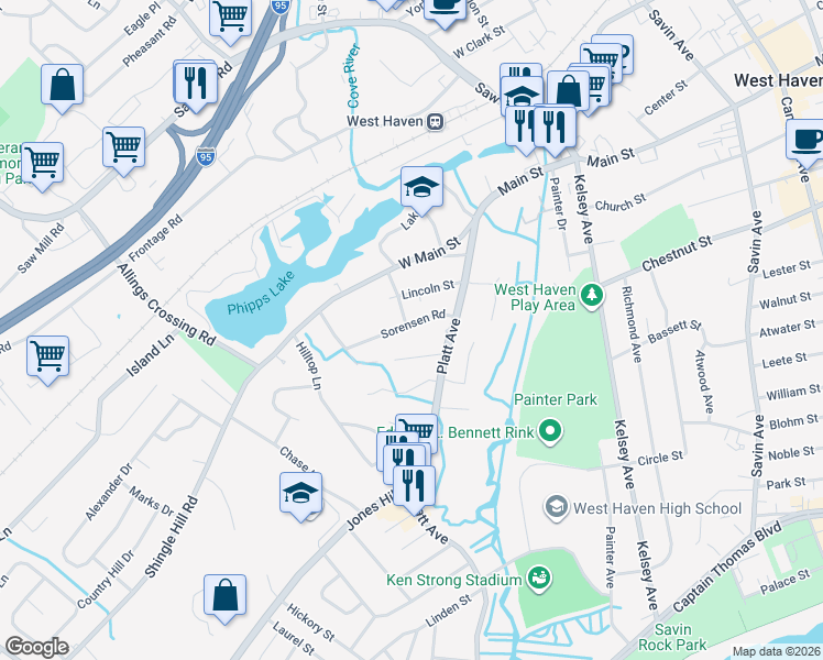 map of restaurants, bars, coffee shops, grocery stores, and more near 44 Sorenson Road in West Haven