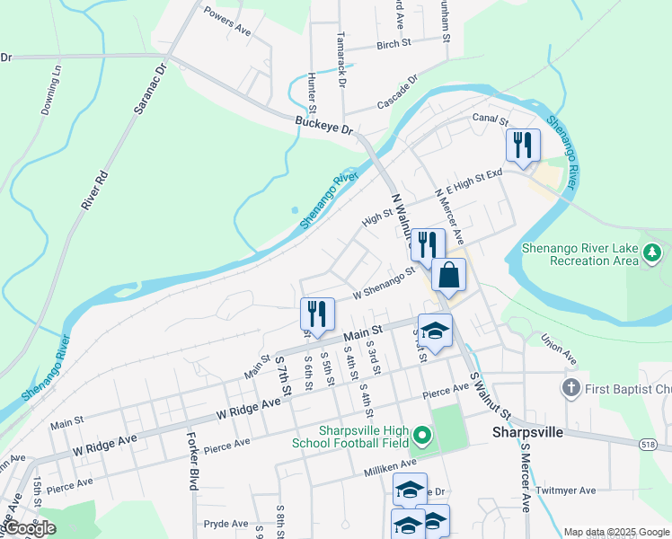 map of restaurants, bars, coffee shops, grocery stores, and more near 255 High Street in Sharpsville