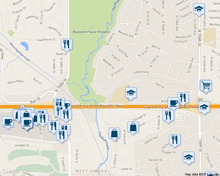 map of restaurants, bars, coffee shops, grocery stores, and more near 16280 California Street in Omaha