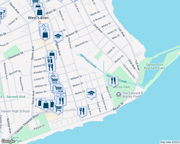 map of restaurants, bars, coffee shops, grocery stores, and more near 15 William Street in West Haven