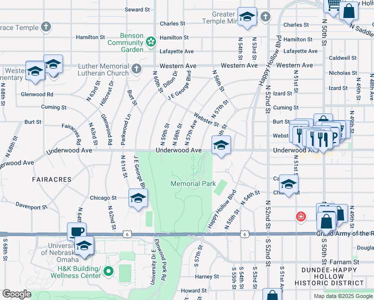 map of restaurants, bars, coffee shops, grocery stores, and more near 651 North 57th Avenue in Omaha