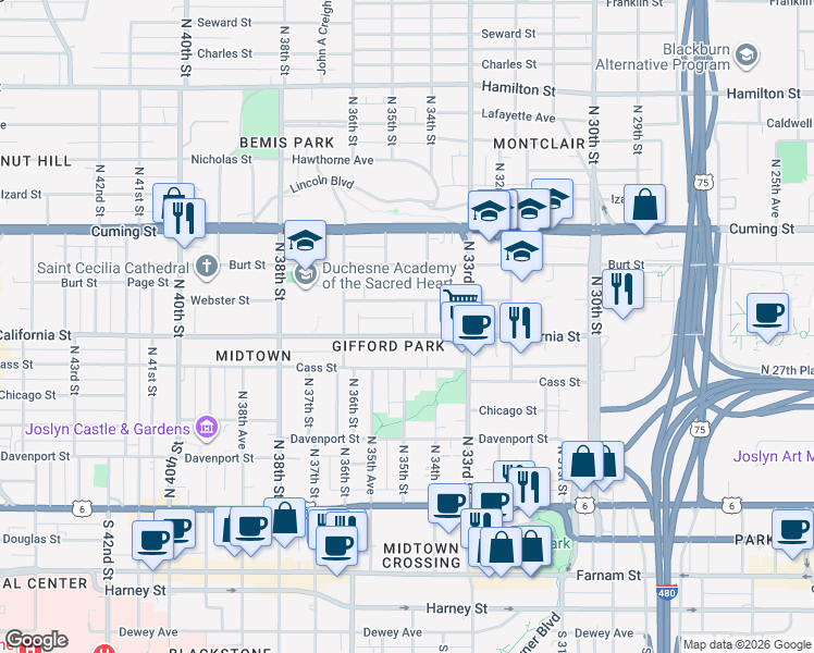 map of restaurants, bars, coffee shops, grocery stores, and more near 3416 California Street in Omaha