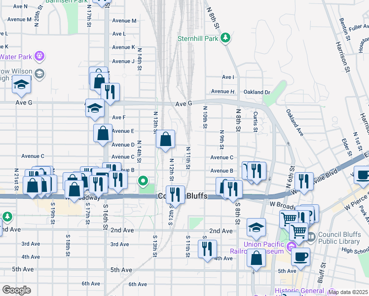 map of restaurants, bars, coffee shops, grocery stores, and more near 1111 Avenue D in Council Bluffs
