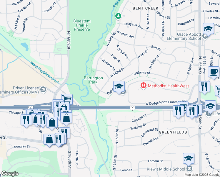 map of restaurants, bars, coffee shops, grocery stores, and more near 16280 California Street in Omaha