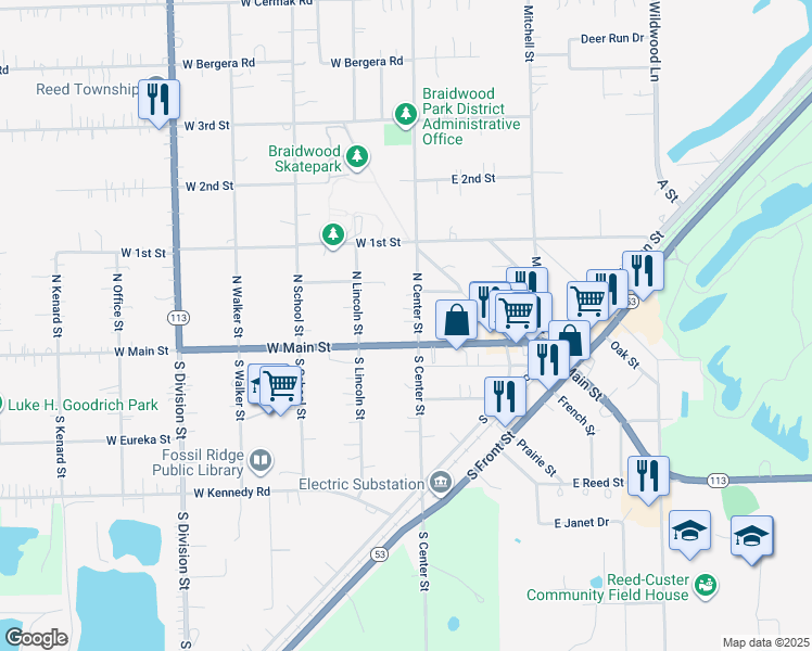 map of restaurants, bars, coffee shops, grocery stores, and more near 116 North Center Street in Braidwood