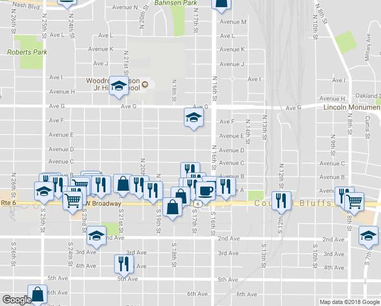 map of restaurants, bars, coffee shops, grocery stores, and more near 1705 Avenue D in Council Bluffs